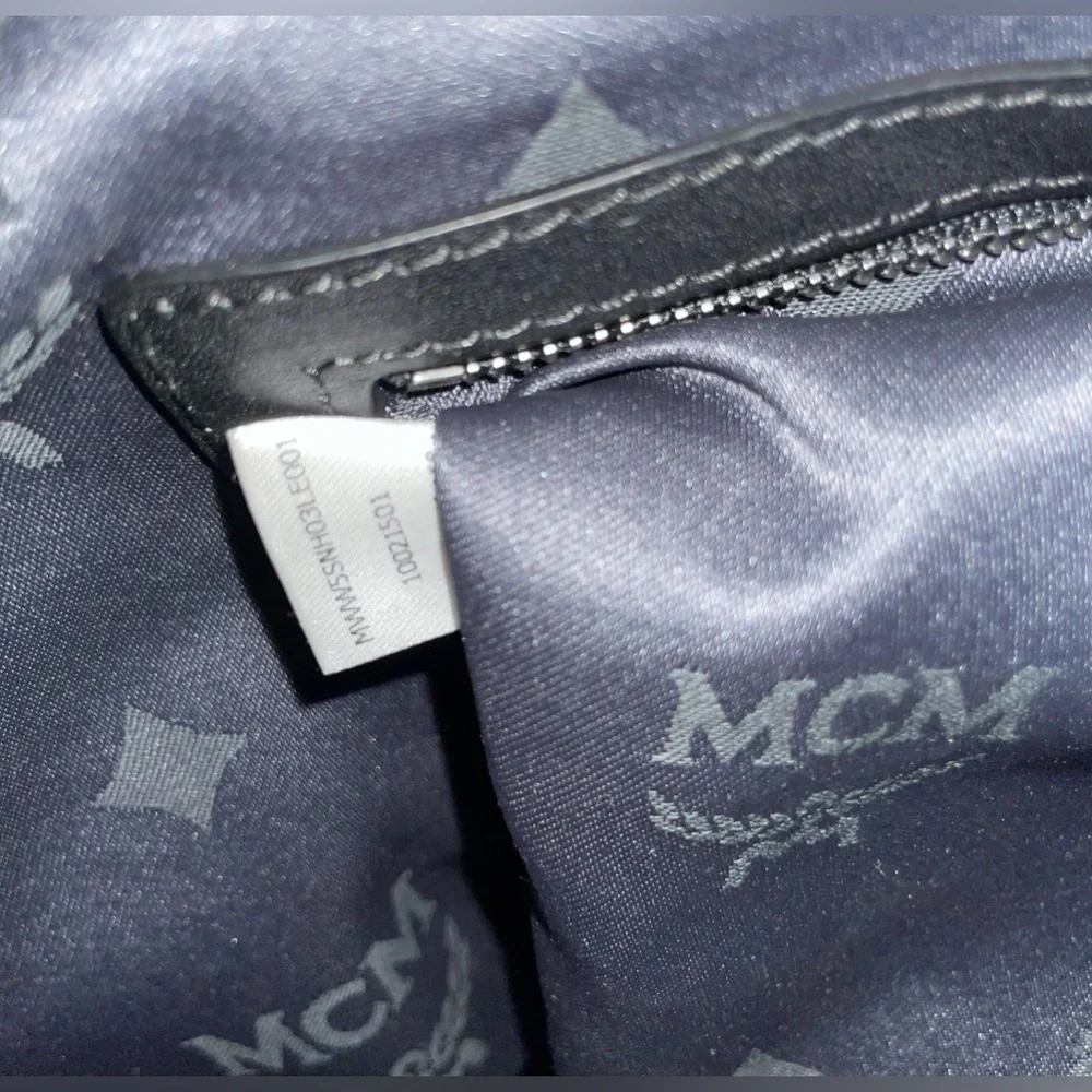 MCM SIGNATURE LEATHER DOMED TOP HANDLE SATCHEL HANDBAG PURSE DENIM BLUE BLACK